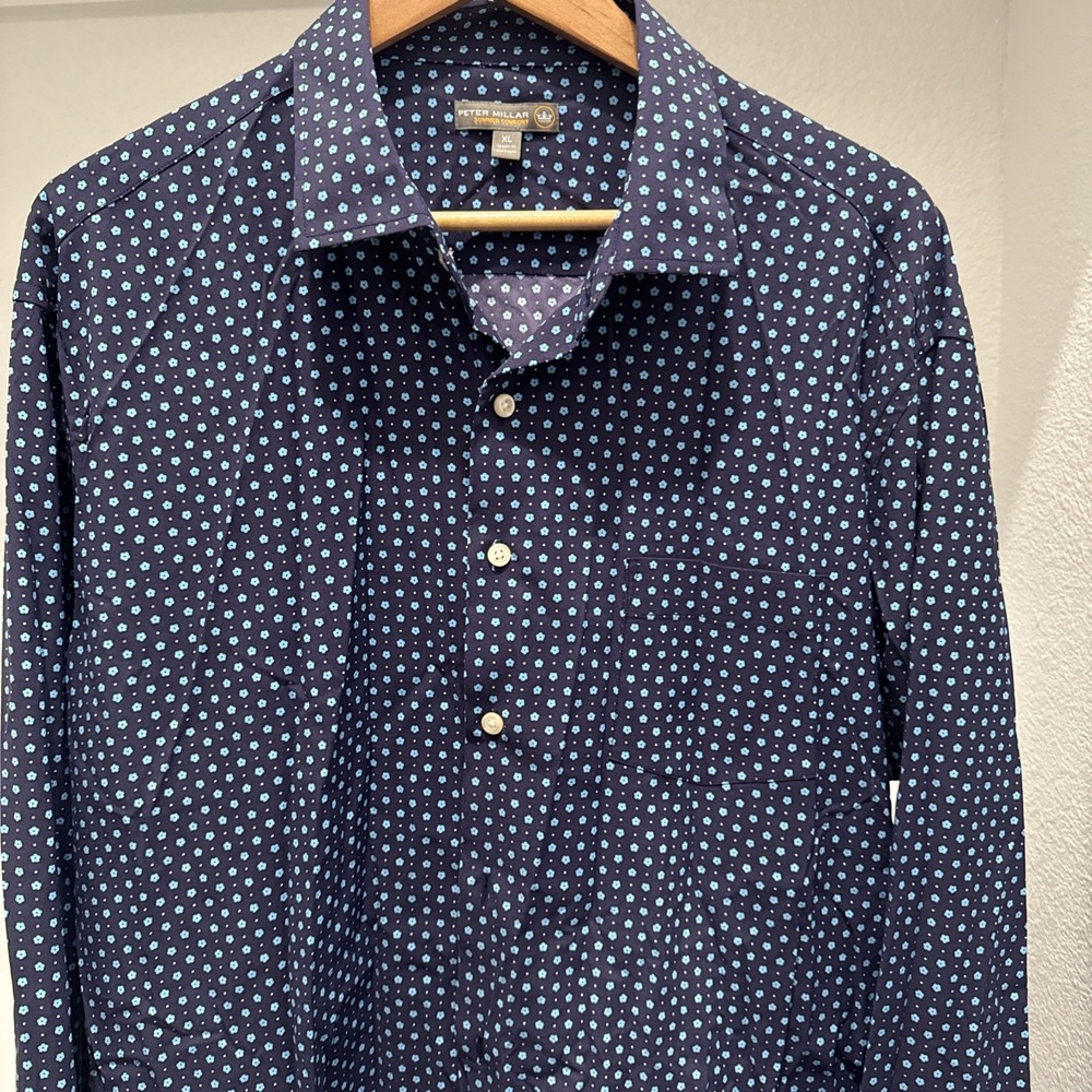 Peter Millar Summer Comfort Shirt Mens XL Blue Floral Performance Button Down